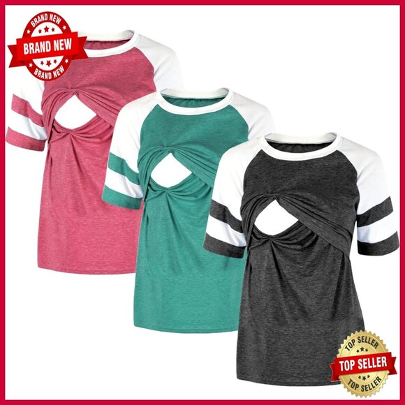 Tops - Maternity Nursing Tank Top, Short Sleeve, Polyester Spandex, Breastfeeding Tee